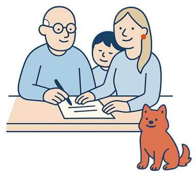 Family illustration - man signing document at table with woman and child, dog sitting nearby - representing family and legal matters