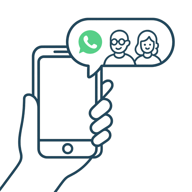 Hand holding smartphone with WhatsApp speech bubble and people icons - representing mobile communication and customer support