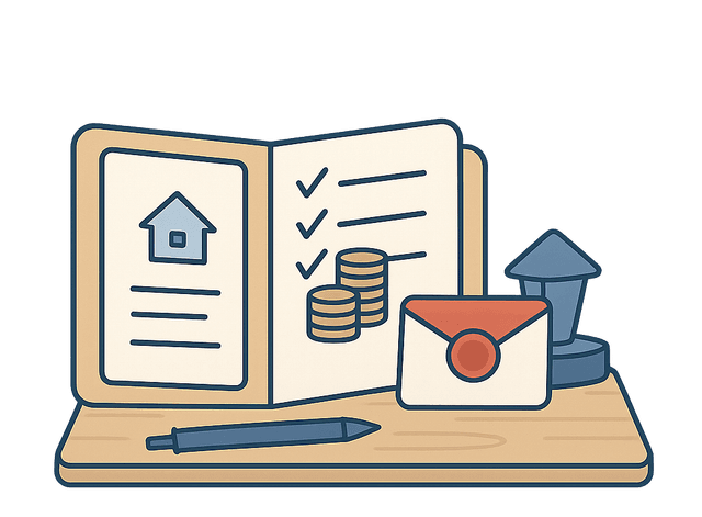 Perunkirjoitus icon - open book with house, checkmarks, coins, pen, envelope and seal representing estate inventory and legal documents