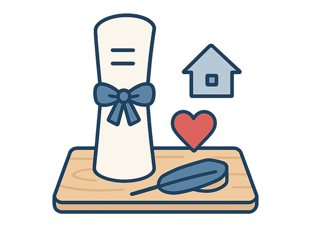 Testamentti icon - scroll with blue bow, house, heart, and quill pen representing will and legal documents